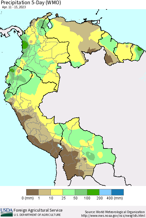 Northern South America Precipitation 5-Day (WMO) Thematic Map For 4/11/2023 - 4/15/2023
