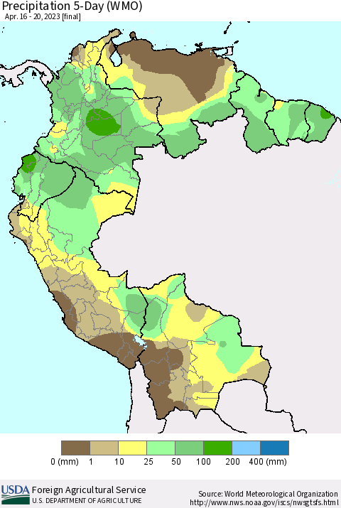 Northern South America Precipitation 5-Day (WMO) Thematic Map For 4/16/2023 - 4/20/2023