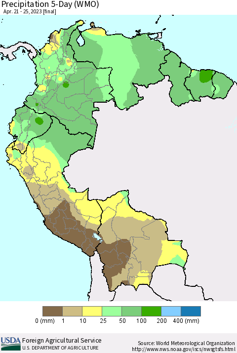 Northern South America Precipitation 5-Day (WMO) Thematic Map For 4/21/2023 - 4/25/2023