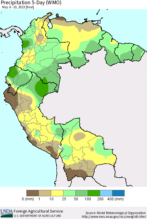 Northern South America Precipitation 5-Day (WMO) Thematic Map For 5/6/2023 - 5/10/2023