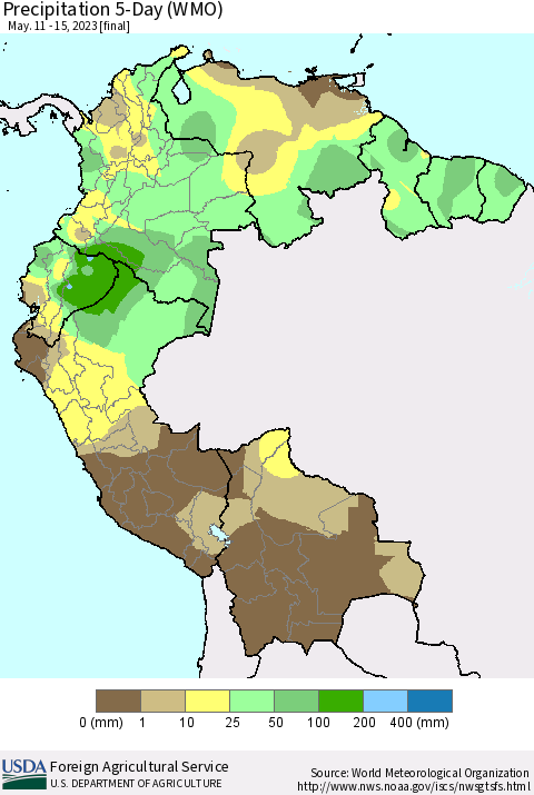 Northern South America Precipitation 5-Day (WMO) Thematic Map For 5/11/2023 - 5/15/2023