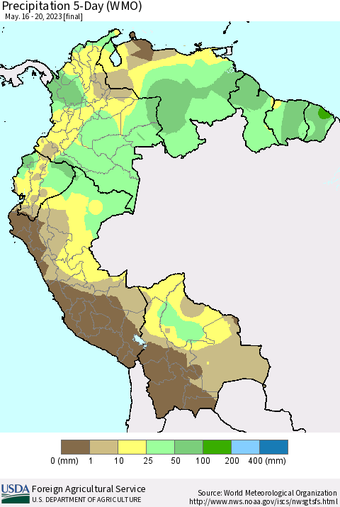 Northern South America Precipitation 5-Day (WMO) Thematic Map For 5/16/2023 - 5/20/2023