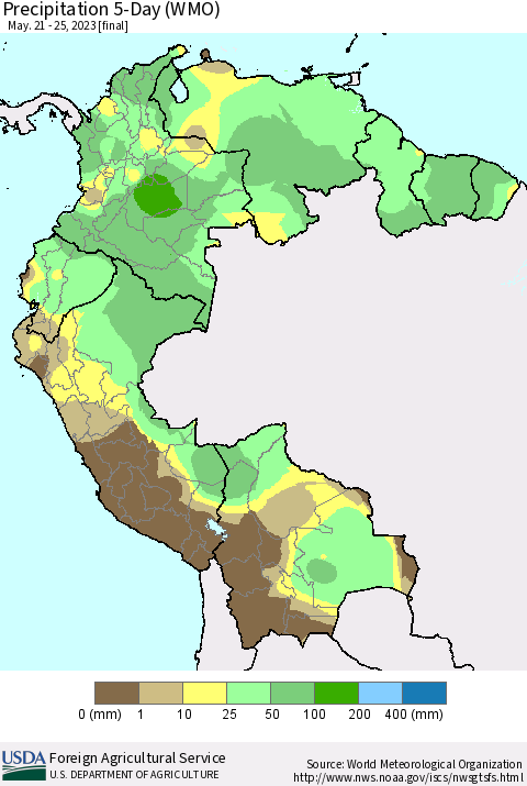 Northern South America Precipitation 5-Day (WMO) Thematic Map For 5/21/2023 - 5/25/2023