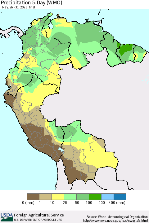 Northern South America Precipitation 5-Day (WMO) Thematic Map For 5/26/2023 - 5/31/2023