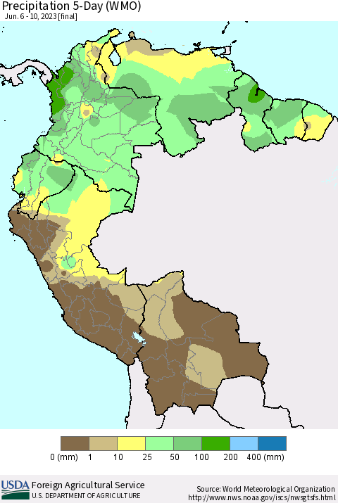 Northern South America Precipitation 5-Day (WMO) Thematic Map For 6/6/2023 - 6/10/2023