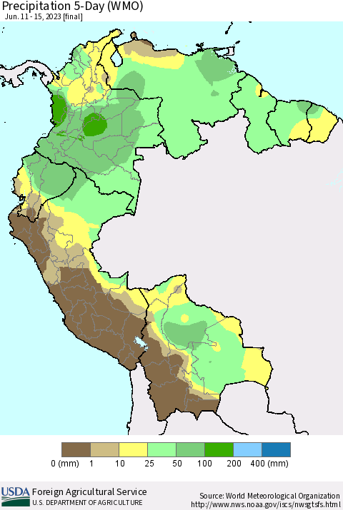 Northern South America Precipitation 5-Day (WMO) Thematic Map For 6/11/2023 - 6/15/2023