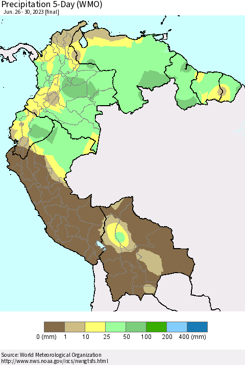 Northern South America Precipitation 5-Day (WMO) Thematic Map For 6/26/2023 - 6/30/2023