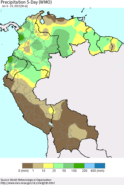 Northern South America Precipitation 5-Day (WMO) Thematic Map For 7/6/2023 - 7/10/2023