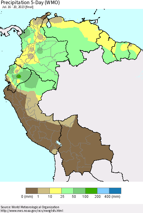 Northern South America Precipitation 5-Day (WMO) Thematic Map For 7/16/2023 - 7/20/2023