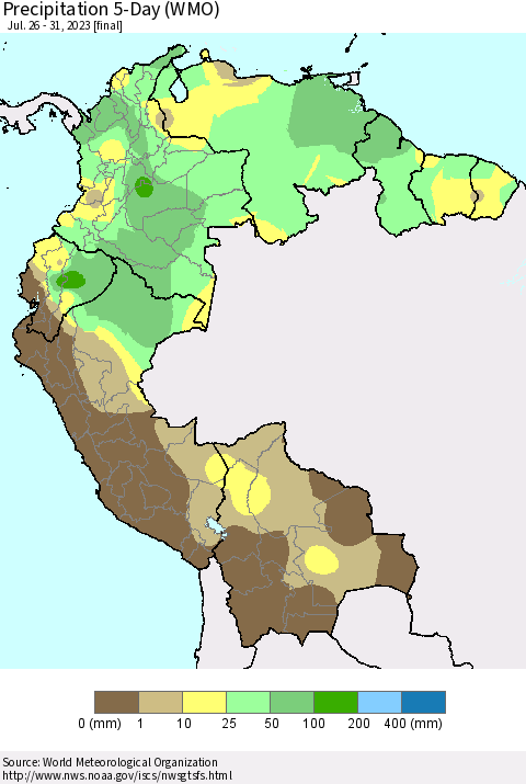 Northern South America Precipitation 5-Day (WMO) Thematic Map For 7/26/2023 - 7/31/2023