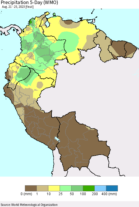 Northern South America Precipitation 5-Day (WMO) Thematic Map For 8/21/2023 - 8/25/2023