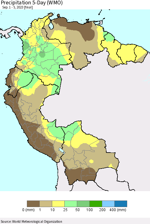 Northern South America Precipitation 5-Day (WMO) Thematic Map For 9/1/2023 - 9/5/2023