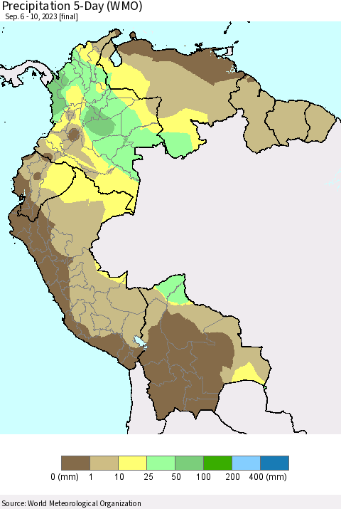 Northern South America Precipitation 5-Day (WMO) Thematic Map For 9/6/2023 - 9/10/2023
