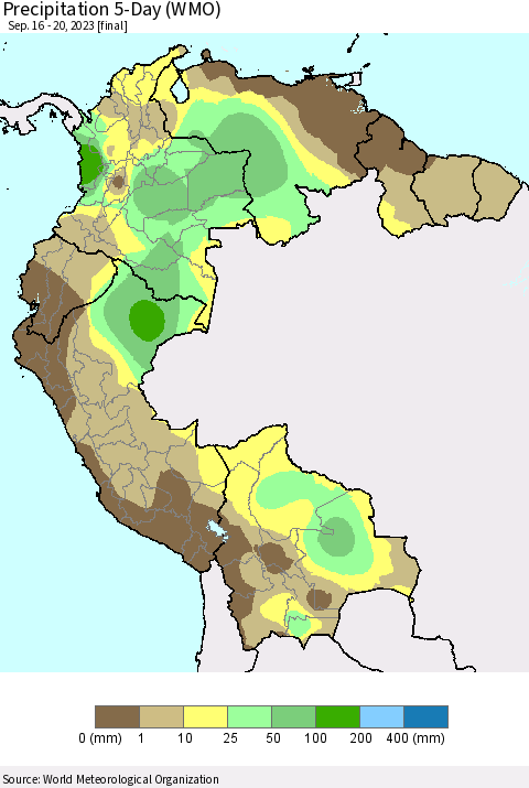 Northern South America Precipitation 5-Day (WMO) Thematic Map For 9/16/2023 - 9/20/2023