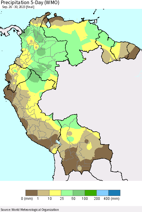 Northern South America Precipitation 5-Day (WMO) Thematic Map For 9/26/2023 - 9/30/2023