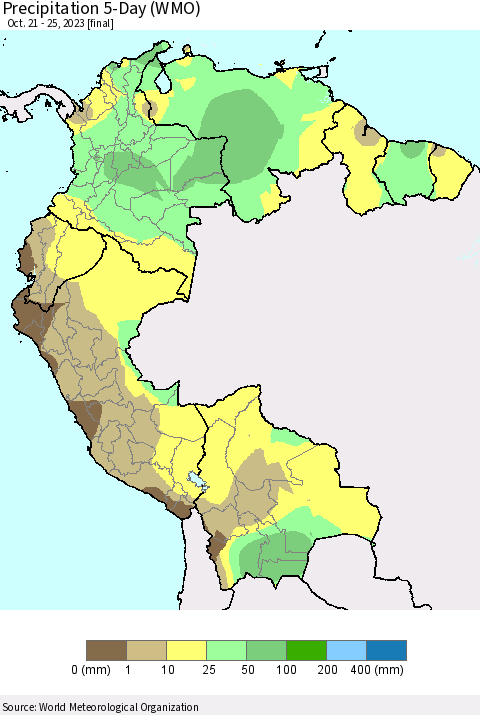 Northern South America Precipitation 5-Day (WMO) Thematic Map For 10/21/2023 - 10/25/2023