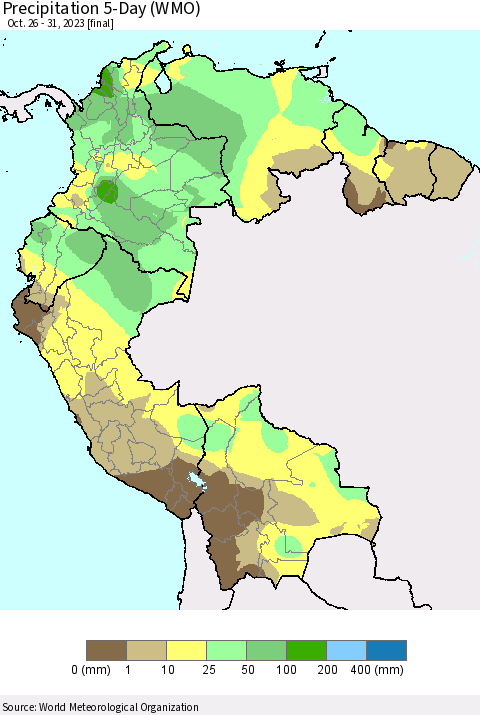 Northern South America Precipitation 5-Day (WMO) Thematic Map For 10/26/2023 - 10/31/2023