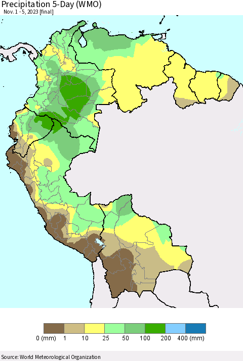 Northern South America Precipitation 5-Day (WMO) Thematic Map For 11/1/2023 - 11/5/2023