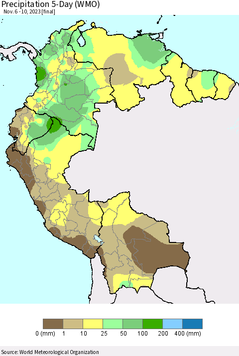 Northern South America Precipitation 5-Day (WMO) Thematic Map For 11/6/2023 - 11/10/2023