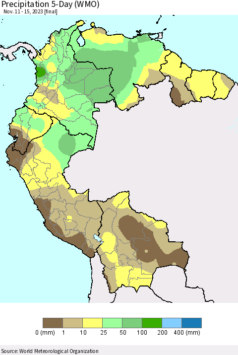 Northern South America Precipitation 5-Day (WMO) Thematic Map For 11/11/2023 - 11/15/2023