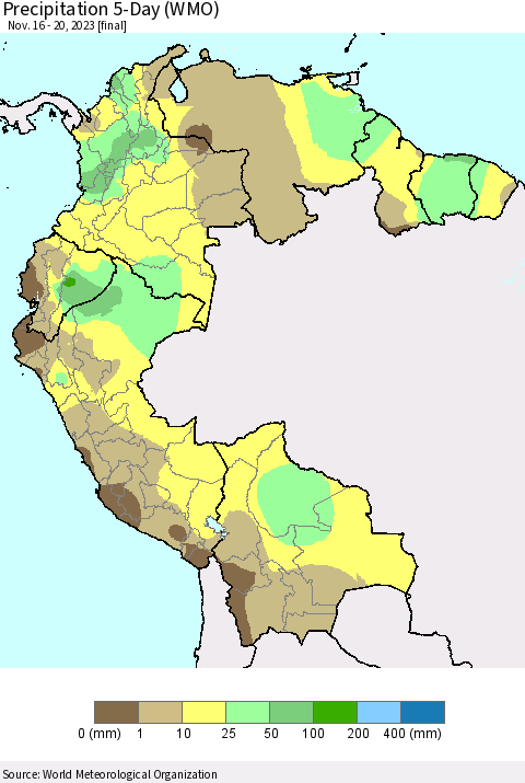 Northern South America Precipitation 5-Day (WMO) Thematic Map For 11/16/2023 - 11/20/2023