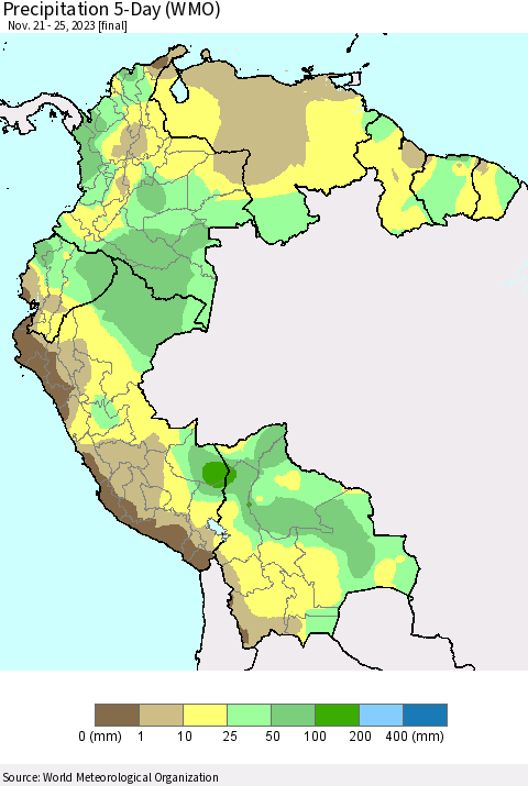 Northern South America Precipitation 5-Day (WMO) Thematic Map For 11/21/2023 - 11/25/2023