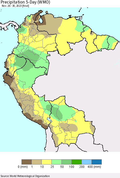Northern South America Precipitation 5-Day (WMO) Thematic Map For 11/26/2023 - 11/30/2023