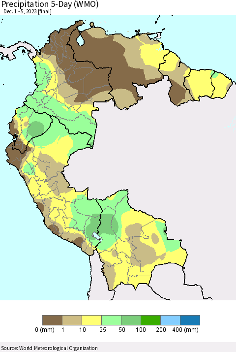 Northern South America Precipitation 5-Day (WMO) Thematic Map For 12/1/2023 - 12/5/2023