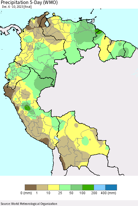 Northern South America Precipitation 5-Day (WMO) Thematic Map For 12/6/2023 - 12/10/2023
