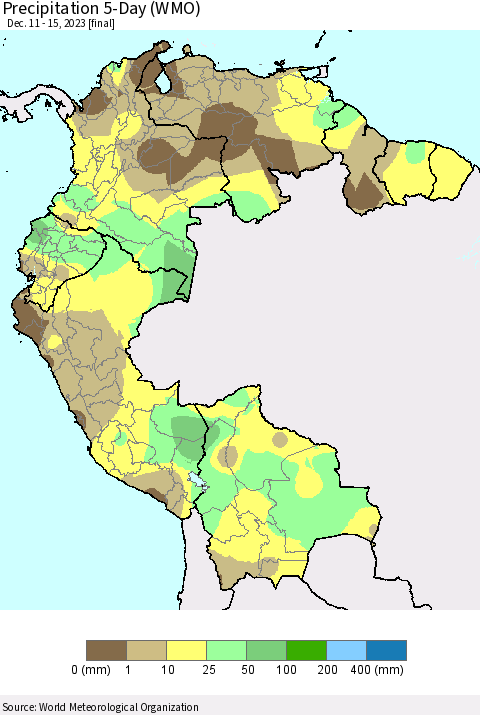 Northern South America Precipitation 5-Day (WMO) Thematic Map For 12/11/2023 - 12/15/2023