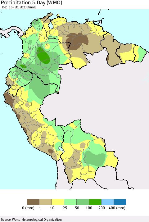 Northern South America Precipitation 5-Day (WMO) Thematic Map For 12/16/2023 - 12/20/2023