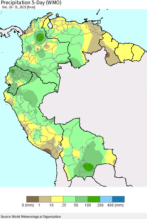 Northern South America Precipitation 5-Day (WMO) Thematic Map For 12/26/2023 - 12/31/2023