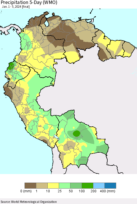 Northern South America Precipitation 5-Day (WMO) Thematic Map For 1/1/2024 - 1/5/2024