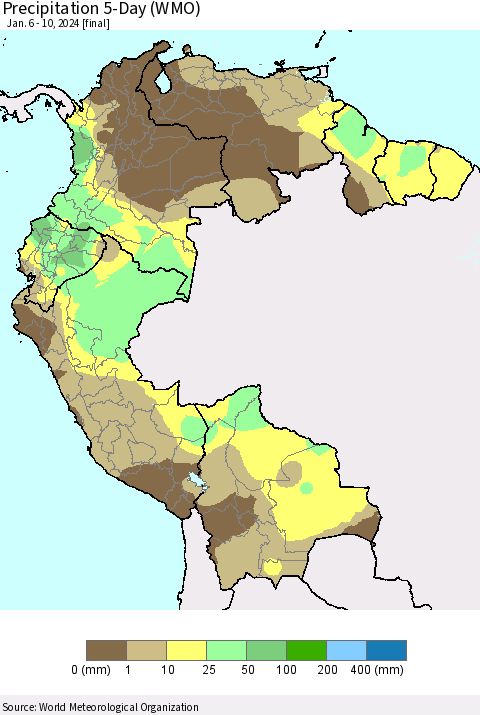 Northern South America Precipitation 5-Day (WMO) Thematic Map For 1/6/2024 - 1/10/2024