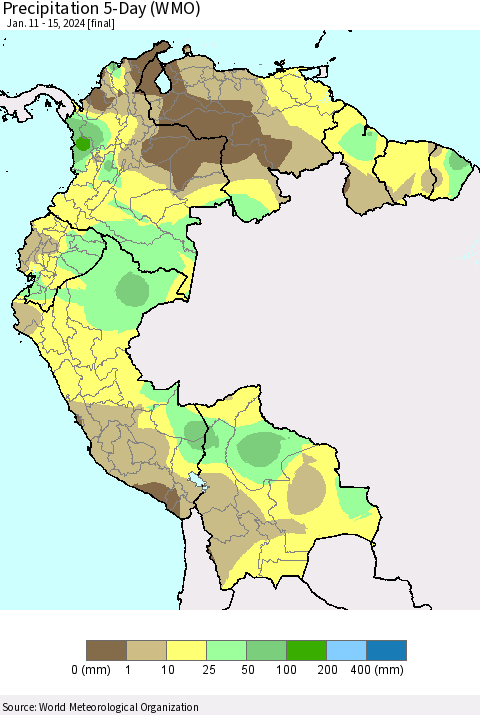 Northern South America Precipitation 5-Day (WMO) Thematic Map For 1/11/2024 - 1/15/2024