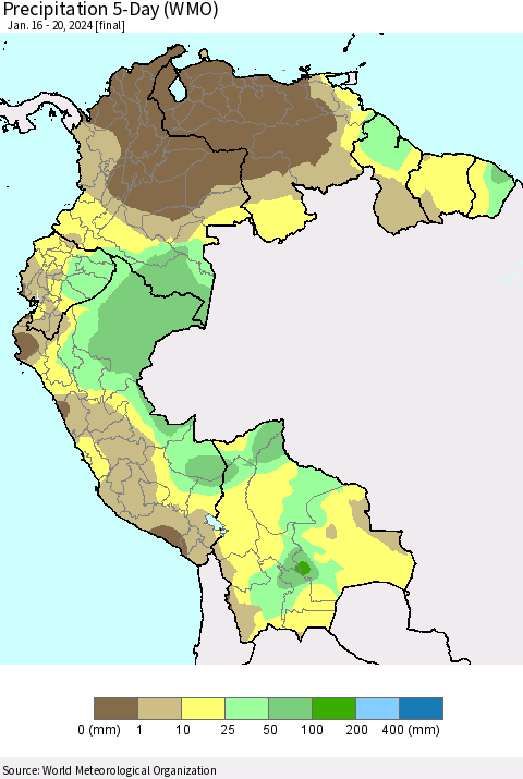 Northern South America Precipitation 5-Day (WMO) Thematic Map For 1/16/2024 - 1/20/2024