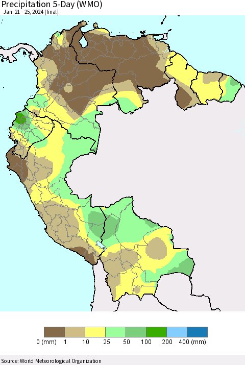 Northern South America Precipitation 5-Day (WMO) Thematic Map For 1/21/2024 - 1/25/2024