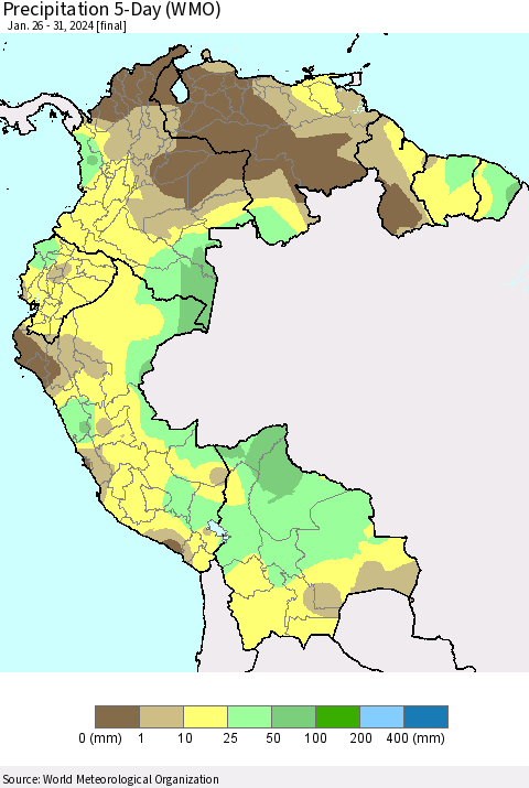 Northern South America Precipitation 5-Day (WMO) Thematic Map For 1/26/2024 - 1/31/2024