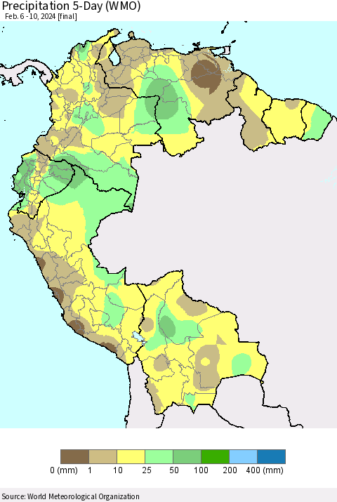 Northern South America Precipitation 5-Day (WMO) Thematic Map For 2/6/2024 - 2/10/2024