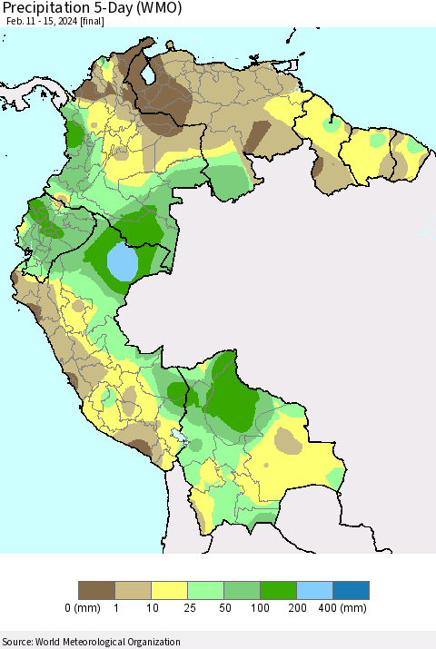 Northern South America Precipitation 5-Day (WMO) Thematic Map For 2/11/2024 - 2/15/2024