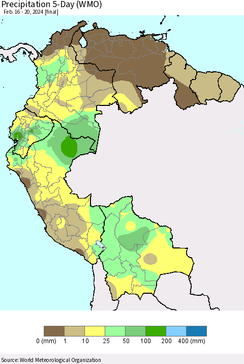 Northern South America Precipitation 5-Day (WMO) Thematic Map For 2/16/2024 - 2/20/2024