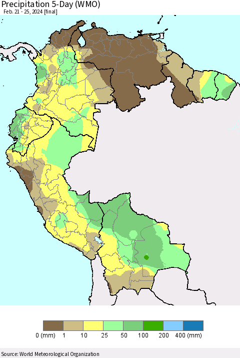 Northern South America Precipitation 5-Day (WMO) Thematic Map For 2/21/2024 - 2/25/2024