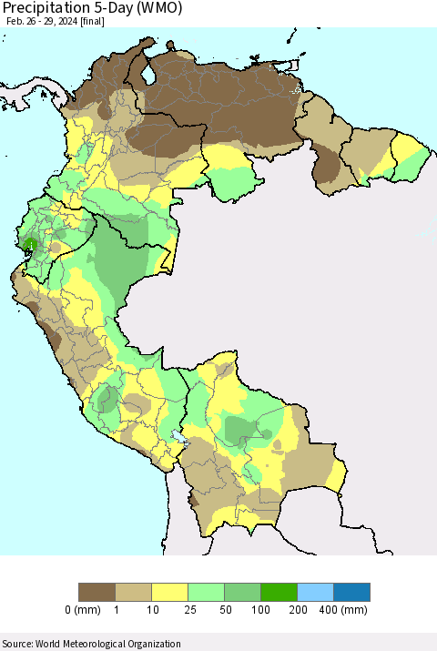 Northern South America Precipitation 5-Day (WMO) Thematic Map For 2/26/2024 - 2/29/2024