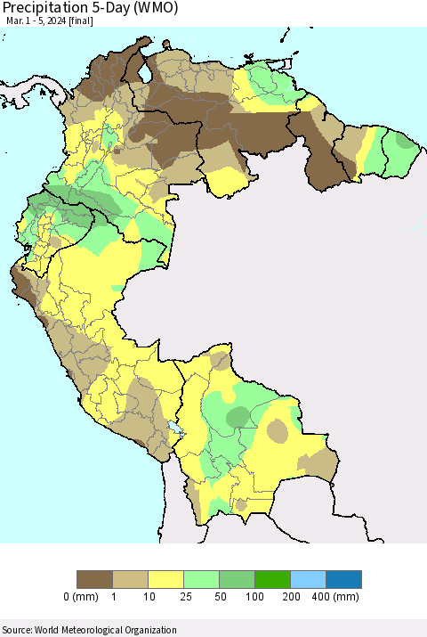 Northern South America Precipitation 5-Day (WMO) Thematic Map For 3/1/2024 - 3/5/2024
