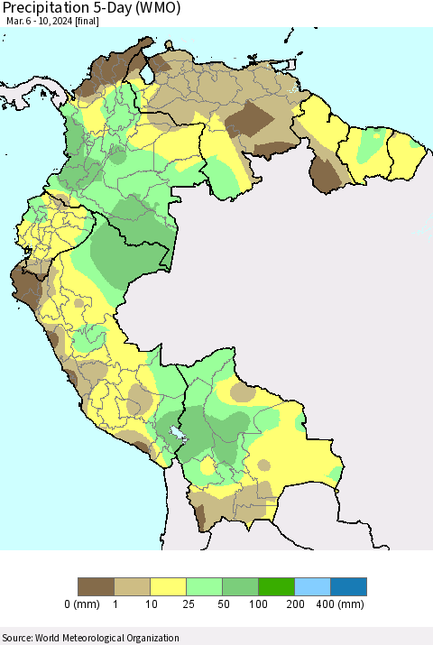 Northern South America Precipitation 5-Day (WMO) Thematic Map For 3/6/2024 - 3/10/2024