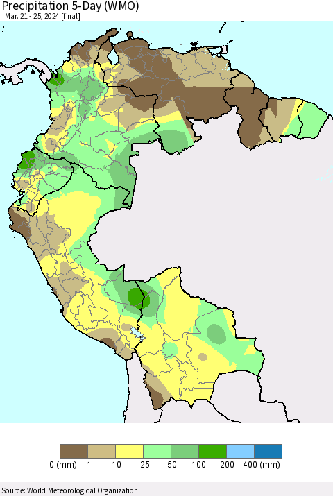 Northern South America Precipitation 5-Day (WMO) Thematic Map For 3/21/2024 - 3/25/2024