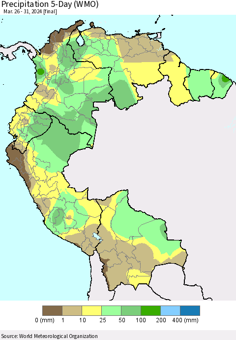 Northern South America Precipitation 5-Day (WMO) Thematic Map For 3/26/2024 - 3/31/2024