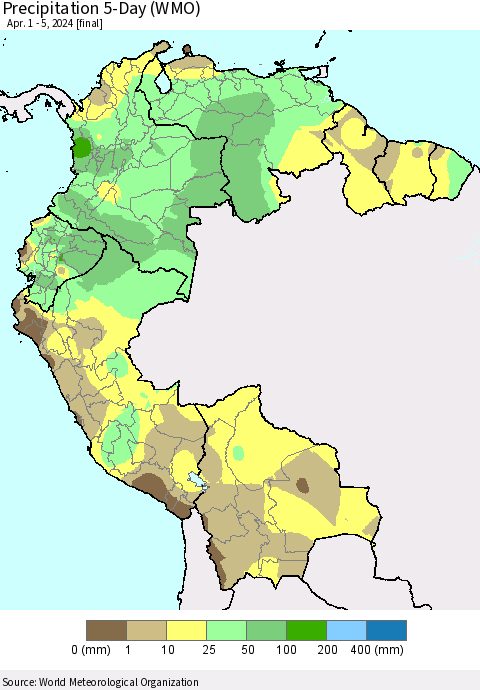 Northern South America Precipitation 5-Day (WMO) Thematic Map For 4/1/2024 - 4/5/2024