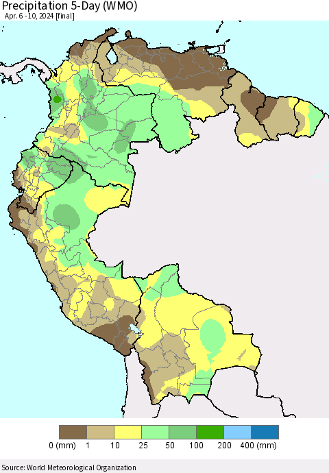 Northern South America Precipitation 5-Day (WMO) Thematic Map For 4/6/2024 - 4/10/2024