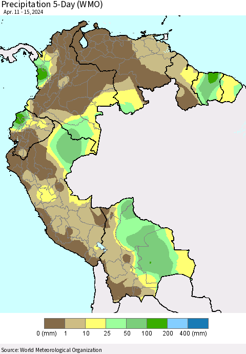Northern South America Precipitation 5-Day (WMO) Thematic Map For 4/11/2024 - 4/15/2024